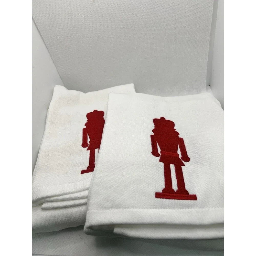 2 Hand towels NUTCRACKER christmas Crate & Barrel white red embroidered 20x30